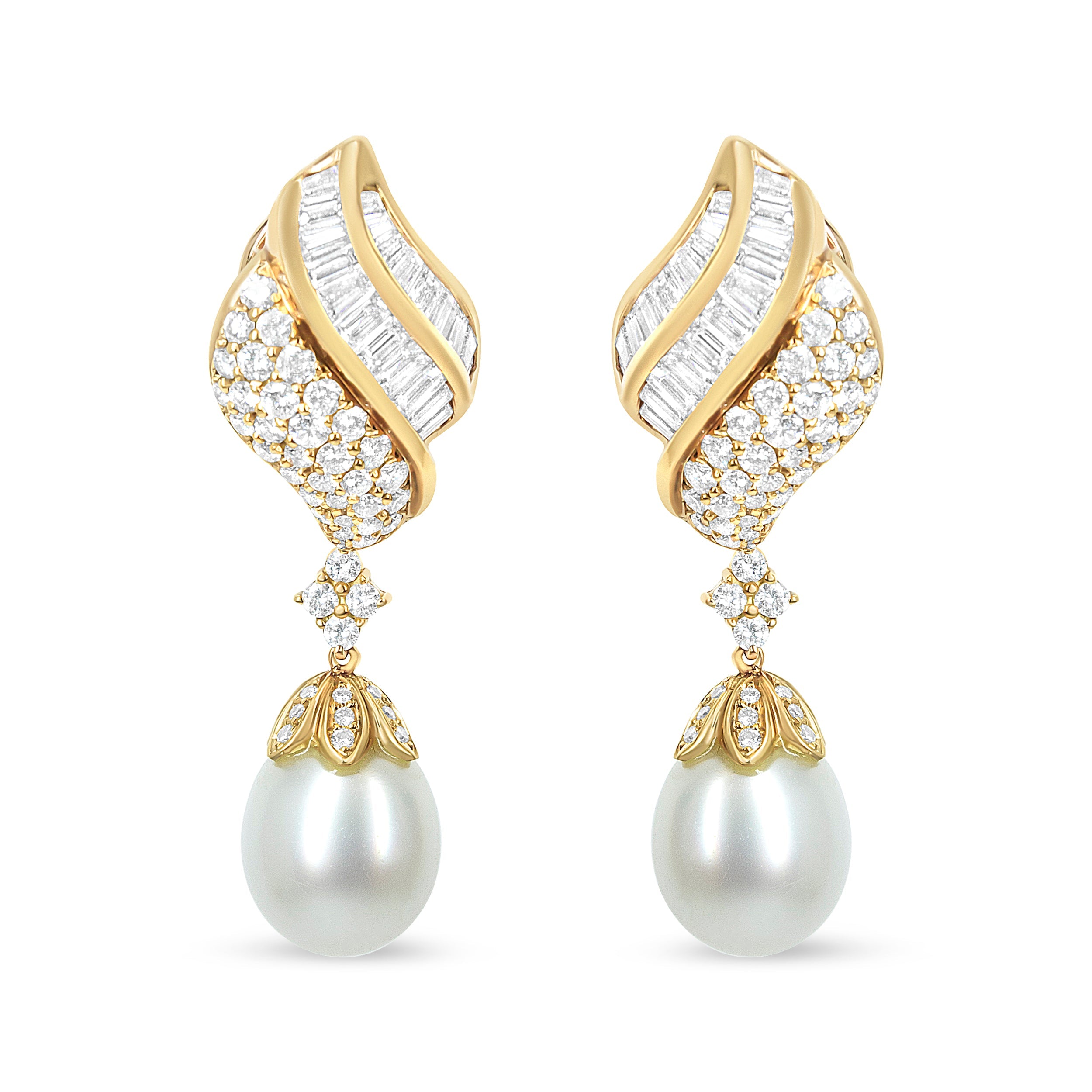 18k Yellow Gold 7.0 Cttw Baguette and Round Diamond South Sea Pearl Drop Dangle Clip-On Earrings (F-G Color, VS1-VS2 Clarity)
