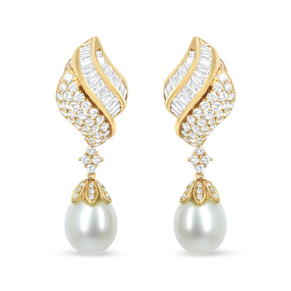 18k Yellow Gold 7.0 Cttw Baguette and Round Diamond South Sea Pearl Drop Dangle Clip-On Earrings (F-G Color, VS1-VS2 Clarity)