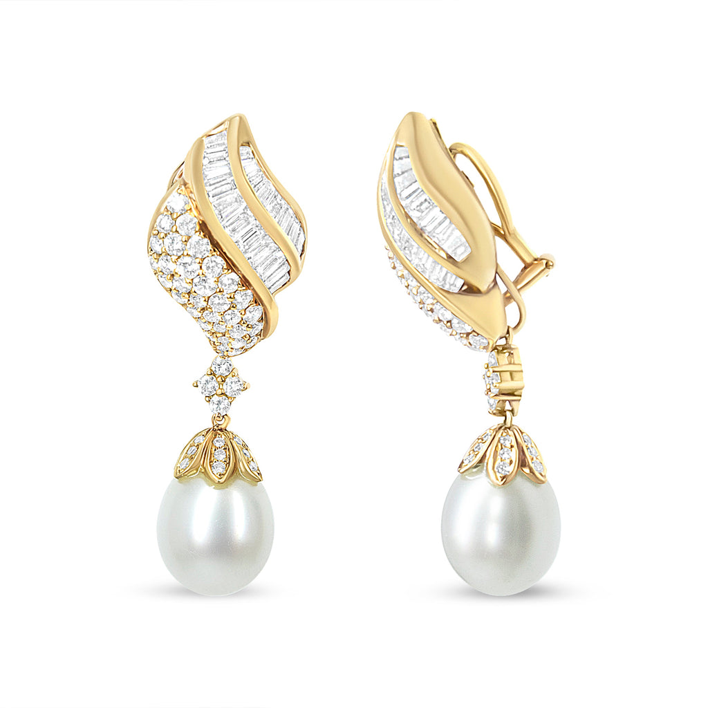 18k Yellow Gold 7.0 Cttw Baguette and Round Diamond South Sea Pearl Drop Dangle Clip-On Earrings (F-G Color, VS1-VS2 Clarity)
