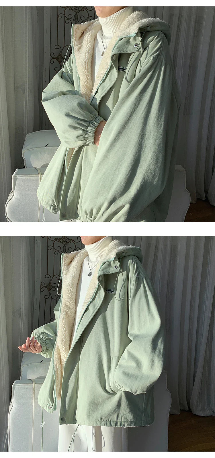 Winter Thick Lamb Fur Jacket Men Hooded Coat Oversized Short Coat