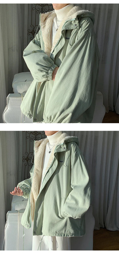 Winter Thick Lamb Fur Jacket Men Hooded Coat Oversized Short Coat