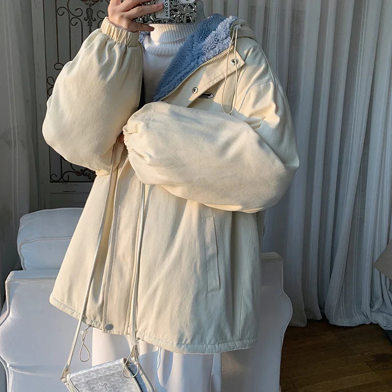 Winter Thick Lamb Fur Jacket Men Hooded Coat Oversized Short Coat