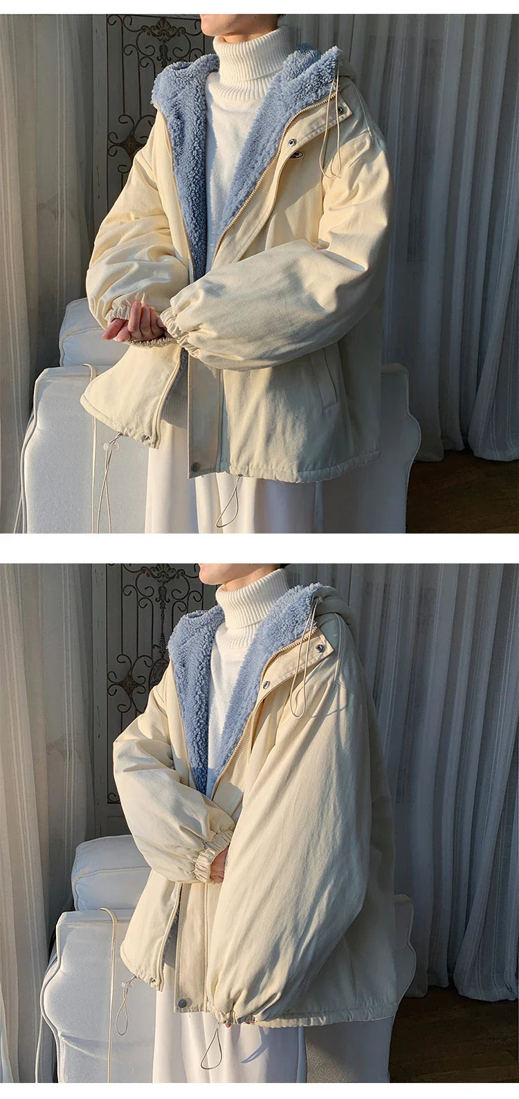 Winter Thick Lamb Fur Jacket Men Hooded Coat Oversized Short Coat