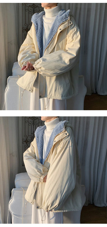 Winter Thick Lamb Fur Jacket Men Hooded Coat Oversized Short Coat