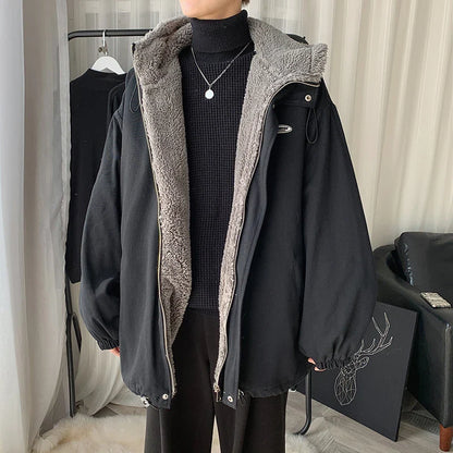 Winter Thick Lamb Fur Jacket Men Hooded Coat Oversized Short Coat