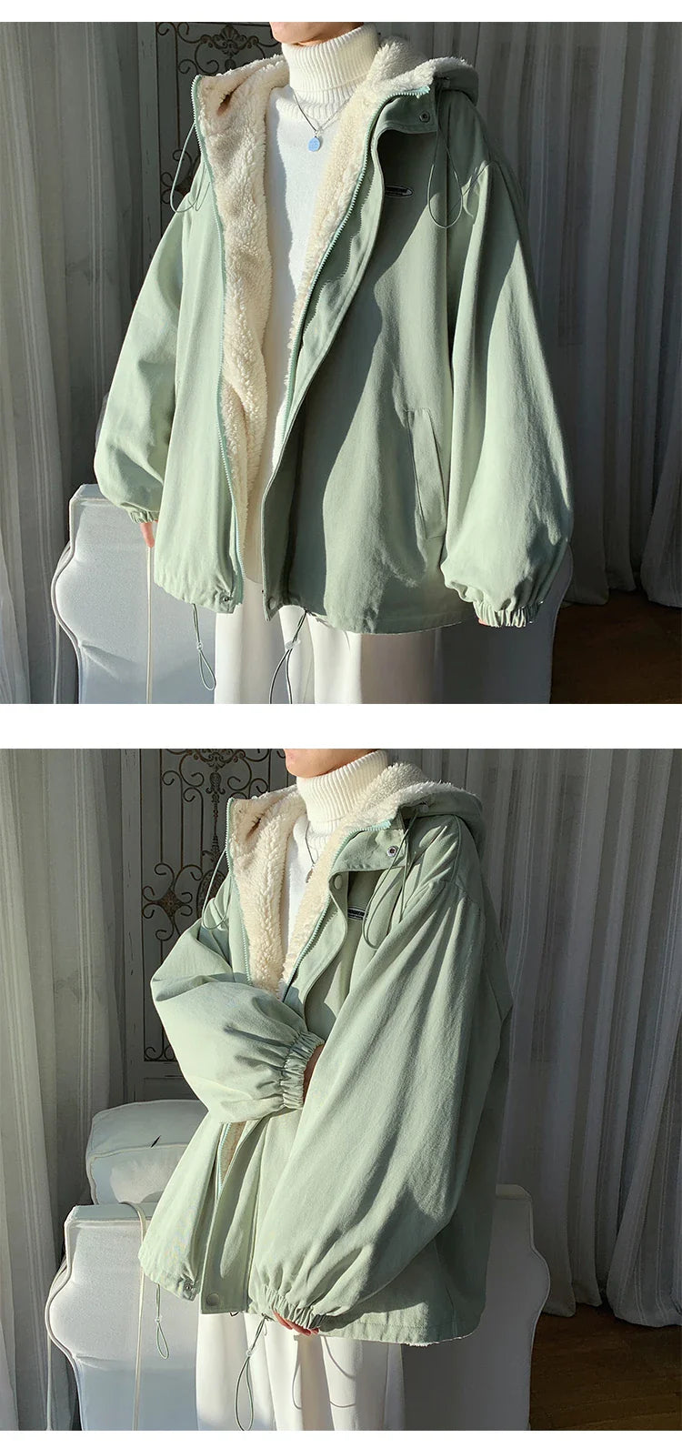 Winter Thick Lamb Fur Jacket Men Hooded Coat Oversized Short Coat