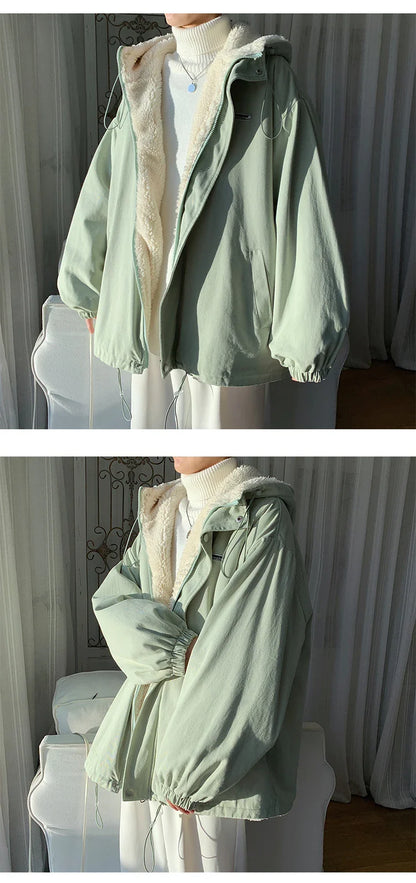 Winter Thick Lamb Fur Jacket Men Hooded Coat Oversized Short Coat