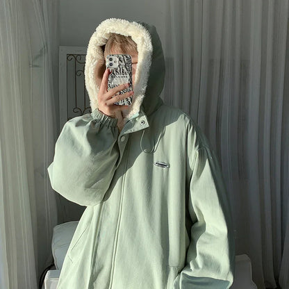 Winter Thick Lamb Fur Jacket Men Hooded Coat Oversized Short Coat