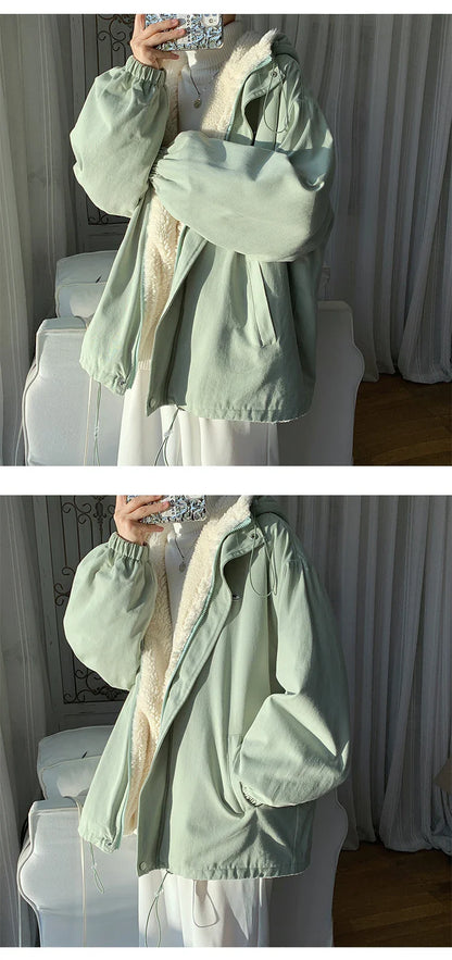 Winter Thick Lamb Fur Jacket Men Hooded Coat Oversized Short Coat