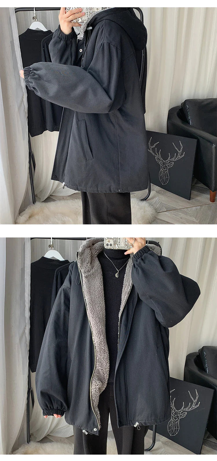 Winter Thick Lamb Fur Jacket Men Hooded Coat Oversized Short Coat
