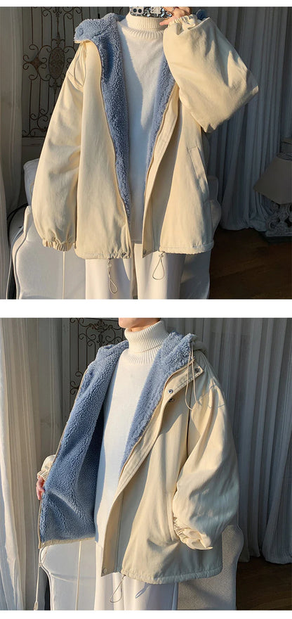 Winter Thick Lamb Fur Jacket Men Hooded Coat Oversized Short Coat
