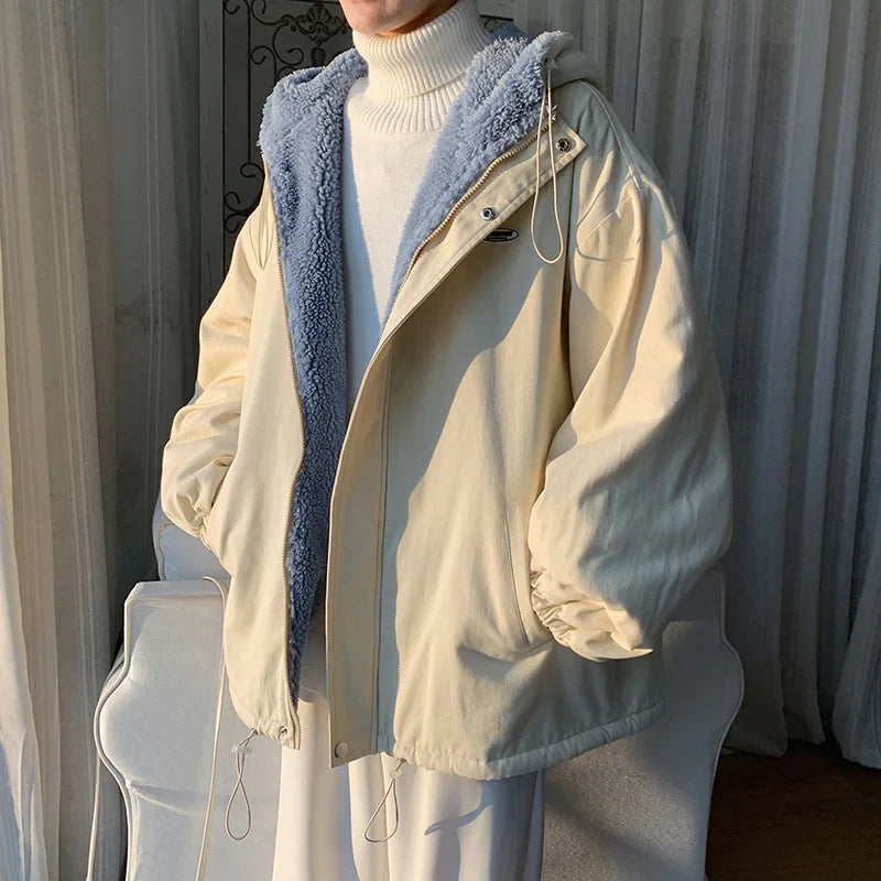 Winter Thick Lamb Fur Jacket Men Hooded Coat Oversized Short Coat