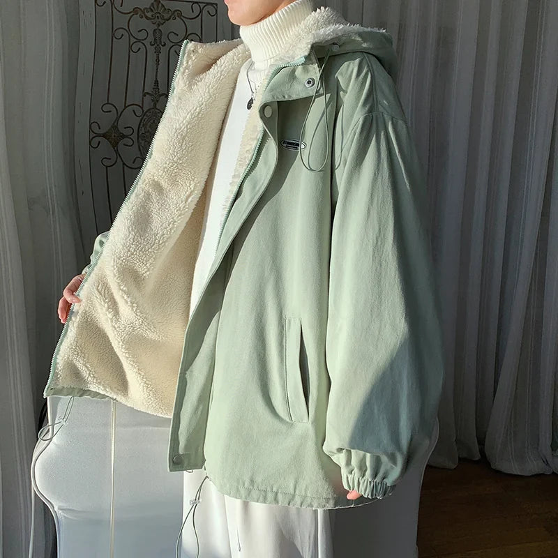 Winter Thick Lamb Fur Jacket Men Hooded Coat Oversized Short Coat