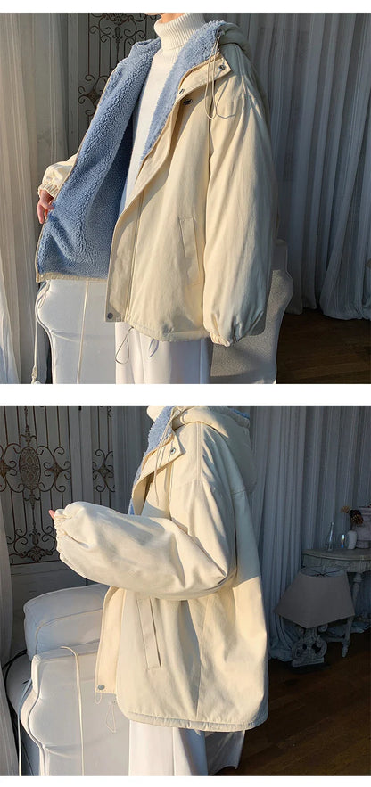 Winter Thick Lamb Fur Jacket Men Hooded Coat Oversized Short Coat