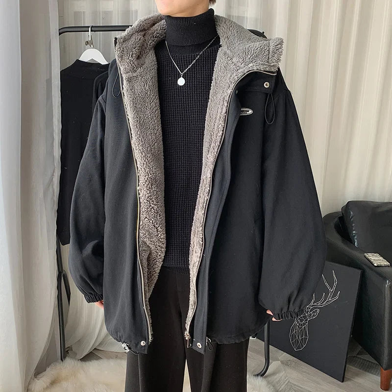 Winter Thick Lamb Fur Jacket Men Hooded Coat Oversized Short Coat