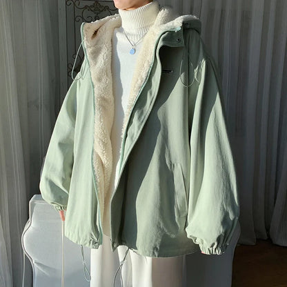 Winter Thick Lamb Fur Jacket Men Hooded Coat Oversized Short Coat