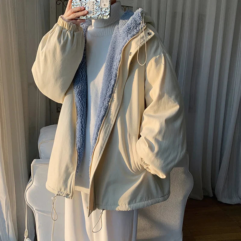 Winter Thick Lamb Fur Jacket Men Hooded Coat Oversized Short Coat