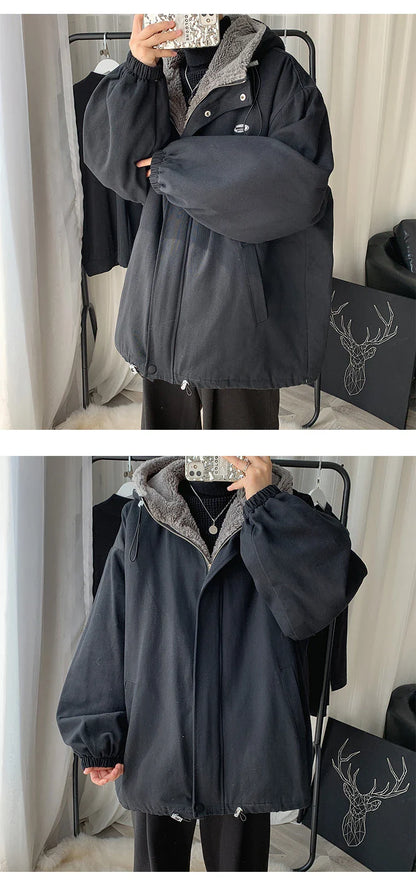 Winter Thick Lamb Fur Jacket Men Hooded Coat Oversized Short Coat