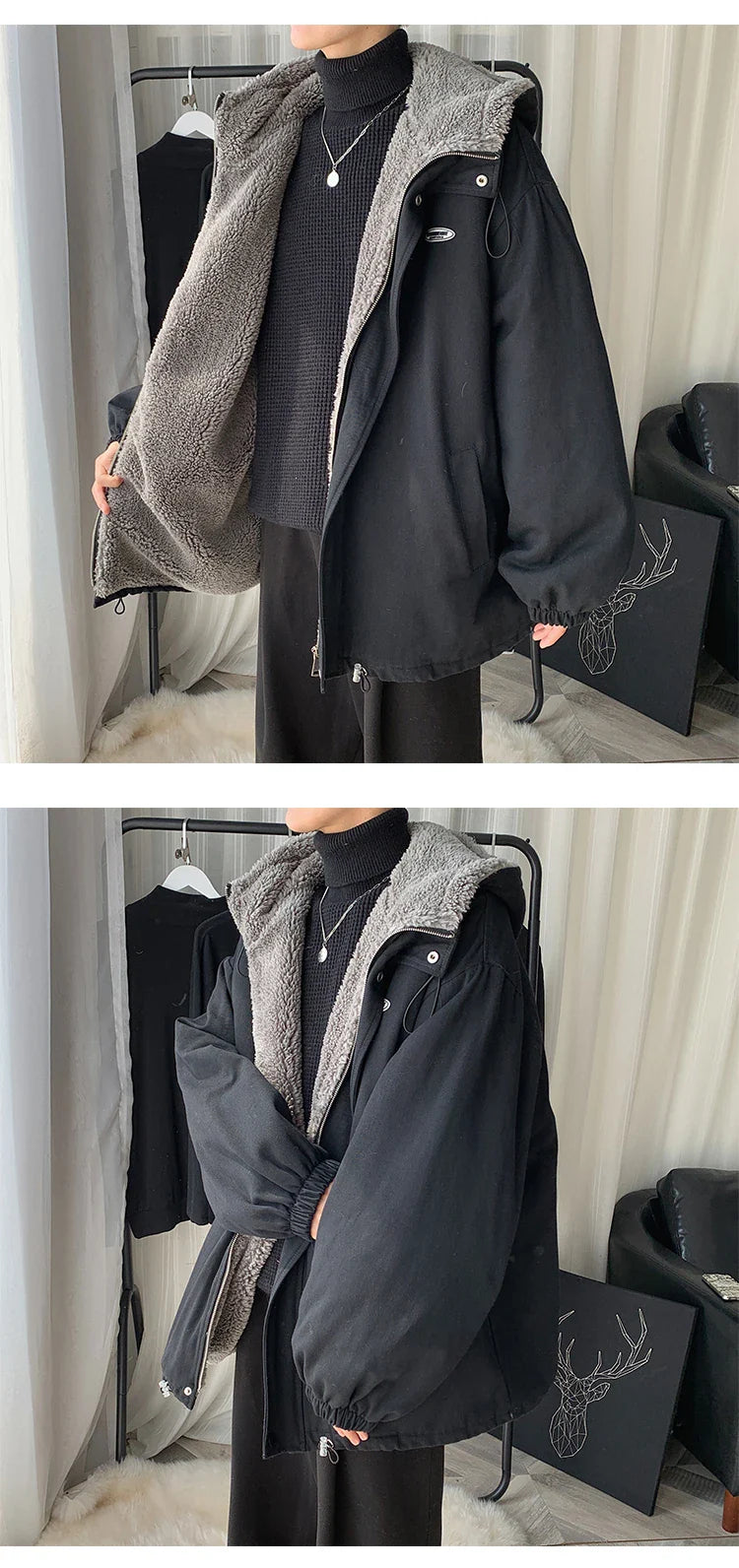 Winter Thick Lamb Fur Jacket Men Hooded Coat Oversized Short Coat