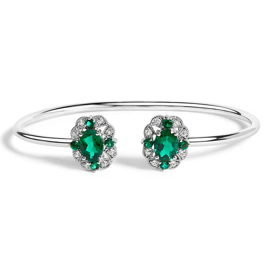 Sterling Silver White Topaz and Green Emerald Floral Bangle Bracelet