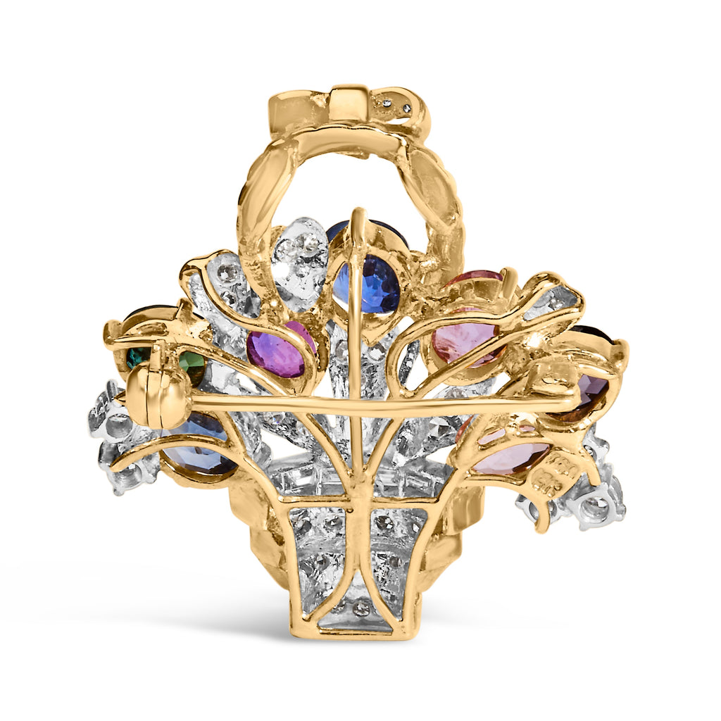 18K Yellow Gold 1 1/10 Cttw Diamond and Mixed Gemstone Floral Bouquet Pendant and Brooch Pin (G-H Color, VS1-VS2 Clarity)
