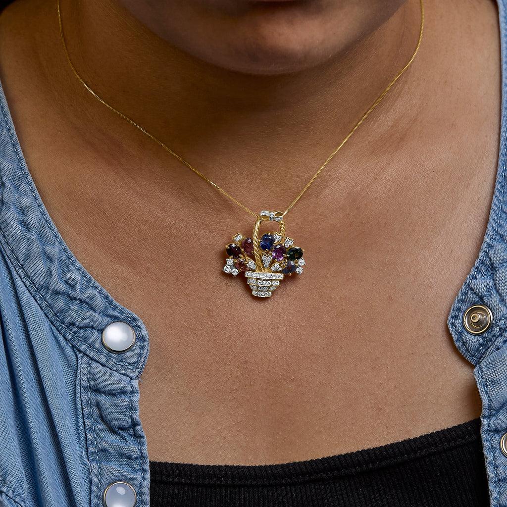 18K Yellow Gold 1 1/10 Cttw Diamond and Mixed Gemstone Floral Bouquet Pendant and Brooch Pin (G-H Color, VS1-VS2 Clarity)
