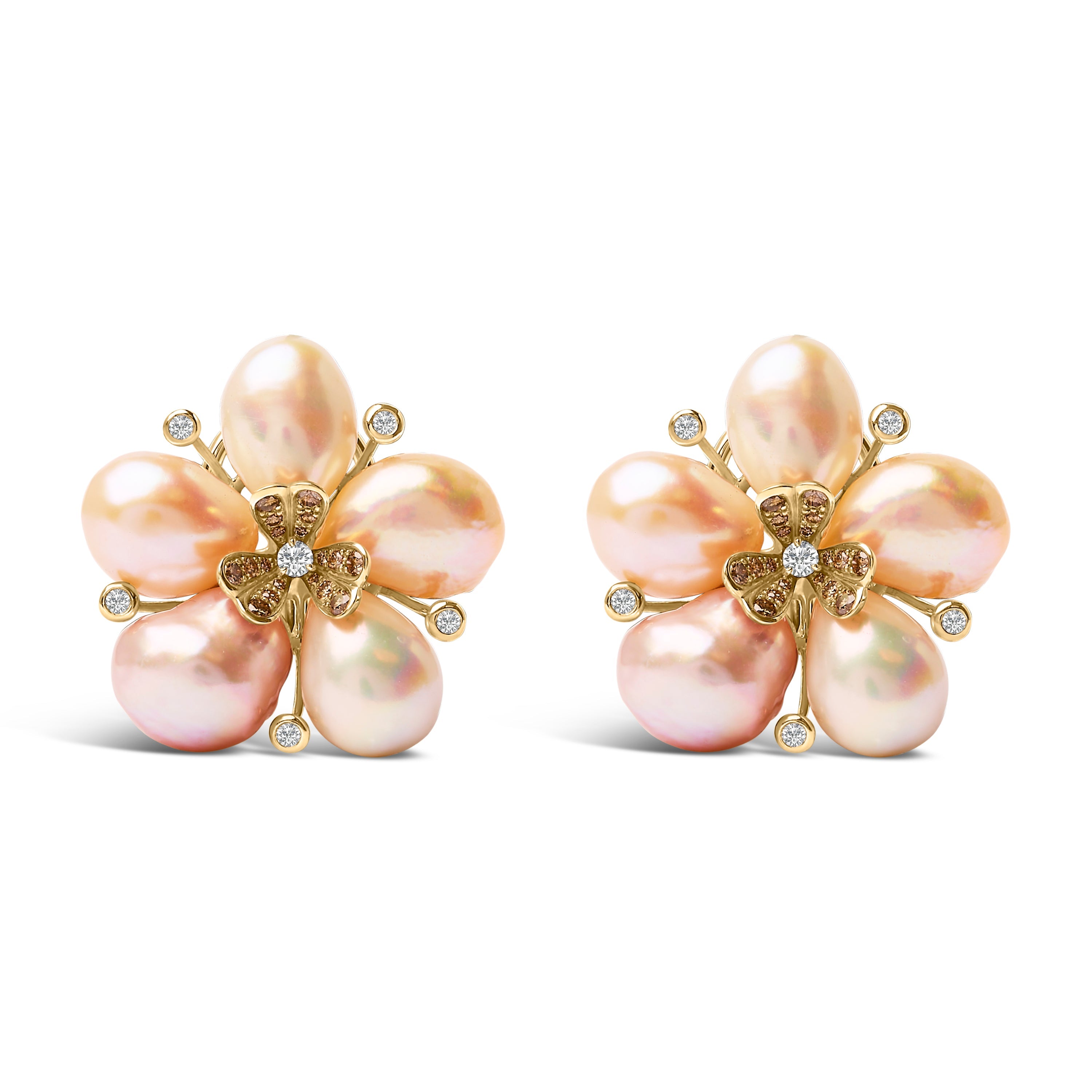 18K Rose Gold 3/8 Cttw Diamond and Freshwater Pearl Blossom Stud Earrings