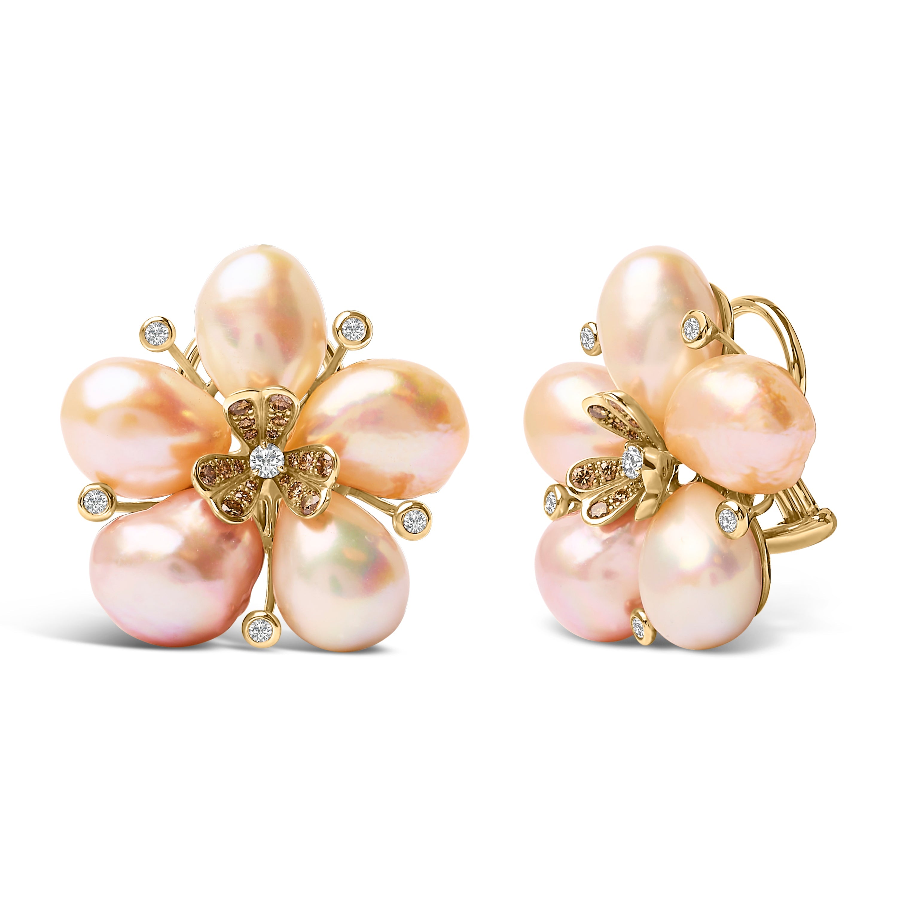 18K Rose Gold 3/8 Cttw Diamond and Freshwater Pearl Blossom Stud Earrings