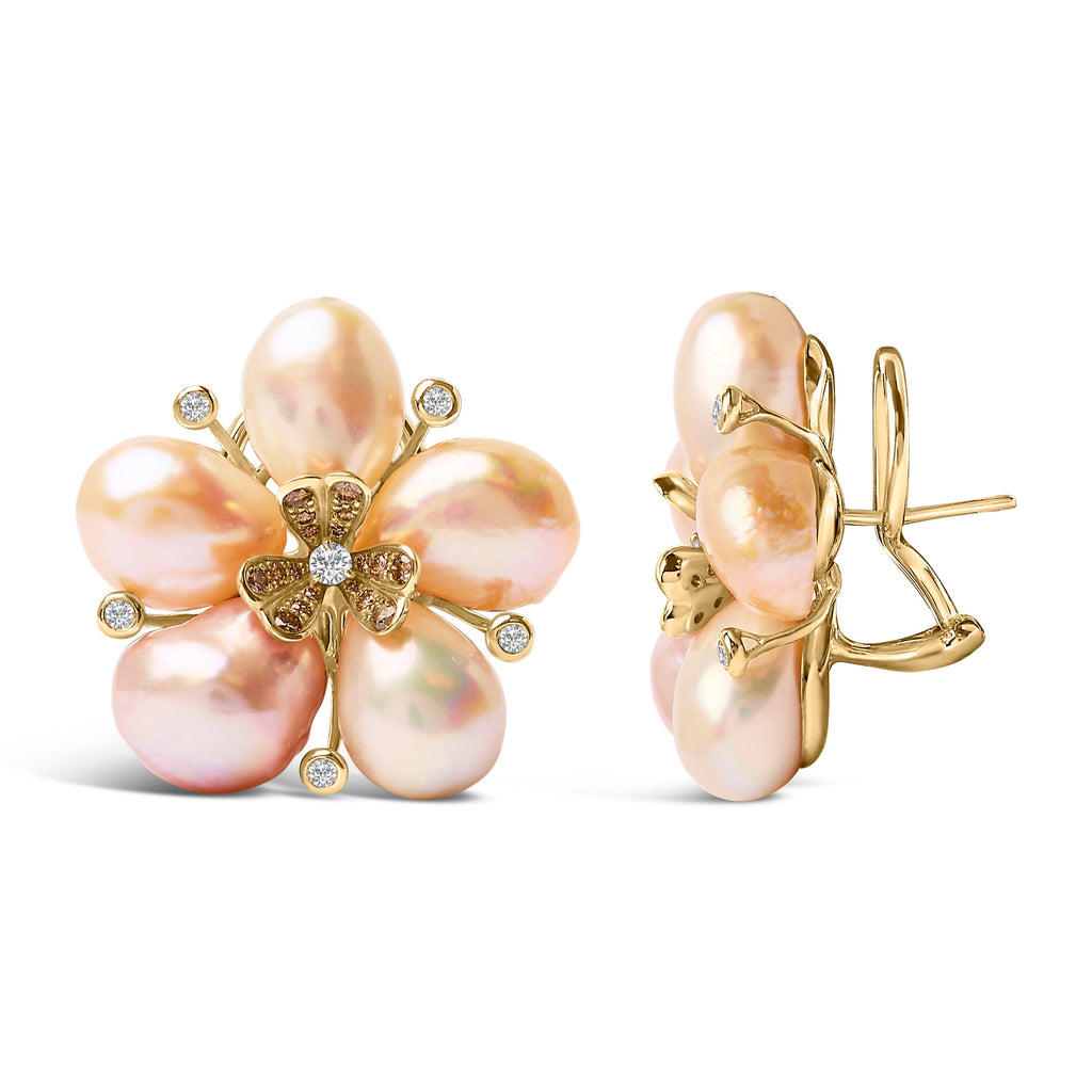 18K Rose Gold 3/8 Cttw Diamond and Freshwater Pearl Blossom Stud Earrings