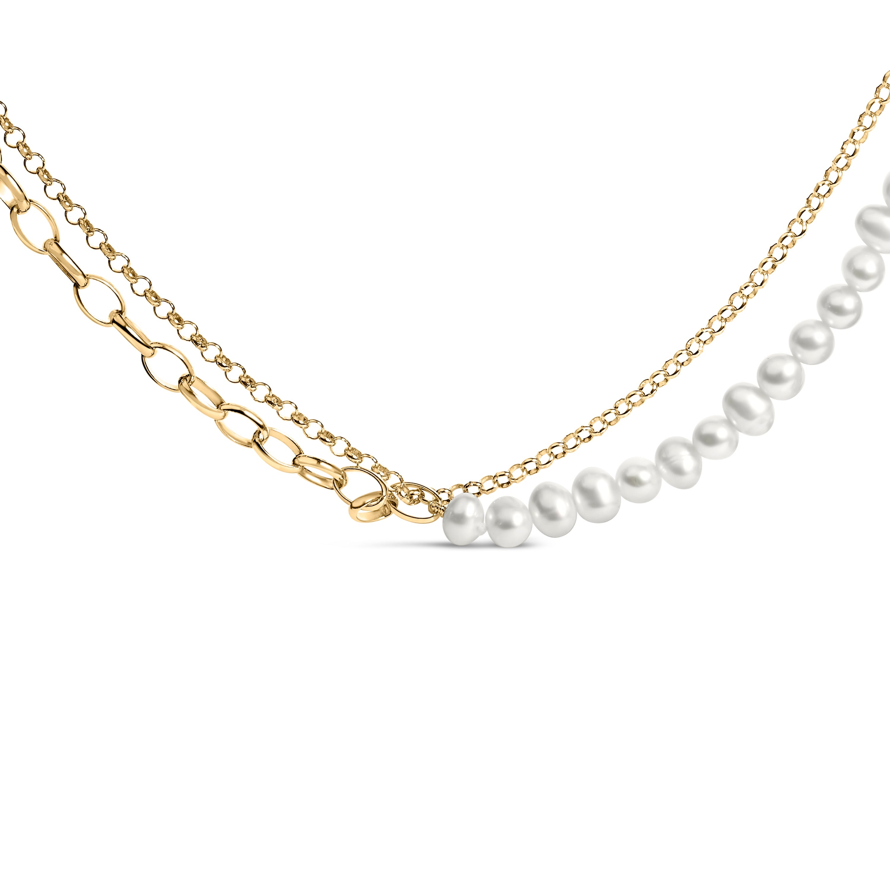 18K Yellow Gold Vermeil Cultured Pearl Strand Necklace with Rolo and Paperclip Chain