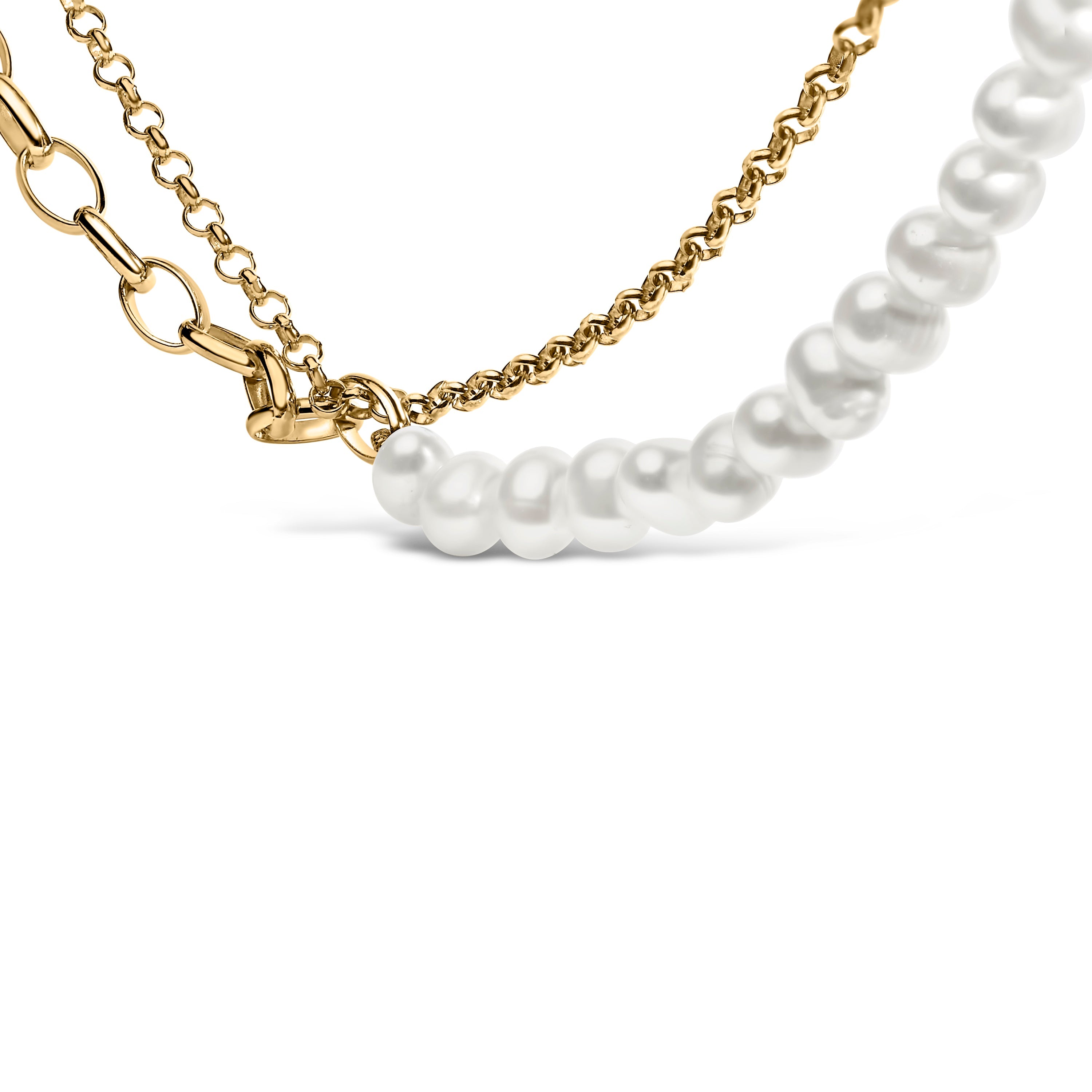 18K Yellow Gold Vermeil Cultured Pearl Strand Necklace with Rolo and Paperclip Chain