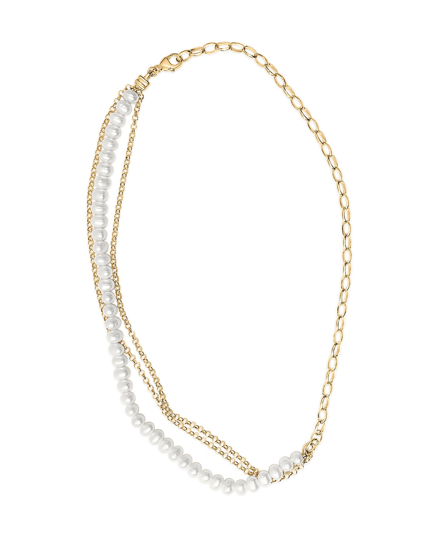 18K Yellow Gold Vermeil Cultured Pearl Strand Necklace with Rolo and Paperclip Chain