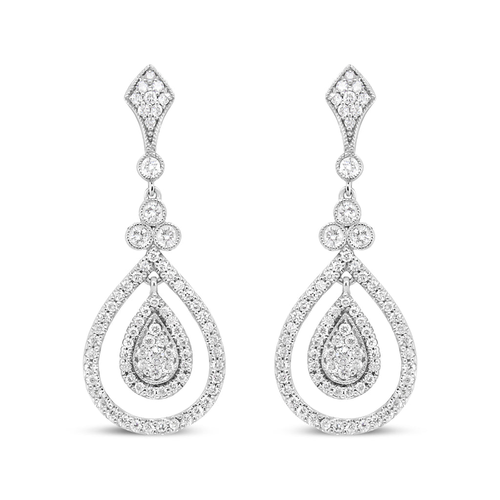 18K White Gold 1 1/4 Cttw Round Diamond Openwork Teardrop-Shaped Dangle Earrings (F-G Color, VS1-VS2 Clarity)