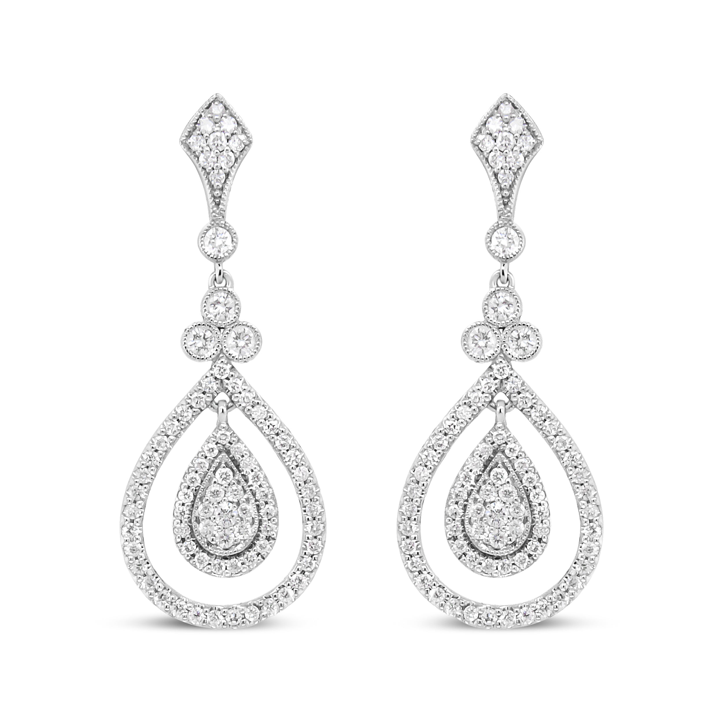 18K White Gold 1 1/4 Cttw Round Diamond Openwork Teardrop-Shaped Dangle Earrings (F-G Color, VS1-VS2 Clarity)