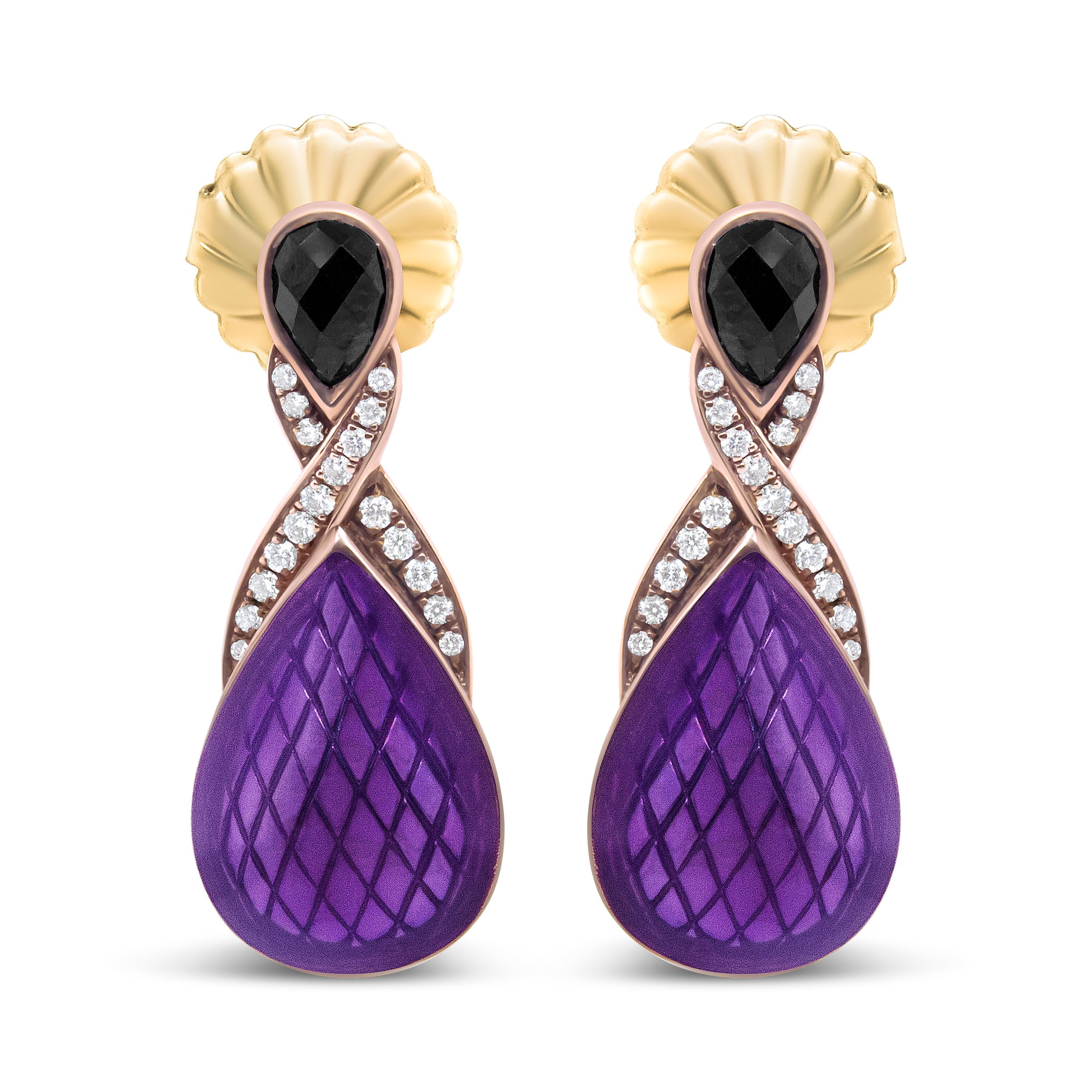 18K Rose Gold Flash Plated .925 Sterling Silver Purple Enamel 1/5 Cttw Round Pave-Set Diamond and 5.5 x 4mm Pear-Shaped Black Onyx Drop Earrings (F-G Color, VS1-VS2 Clarity)