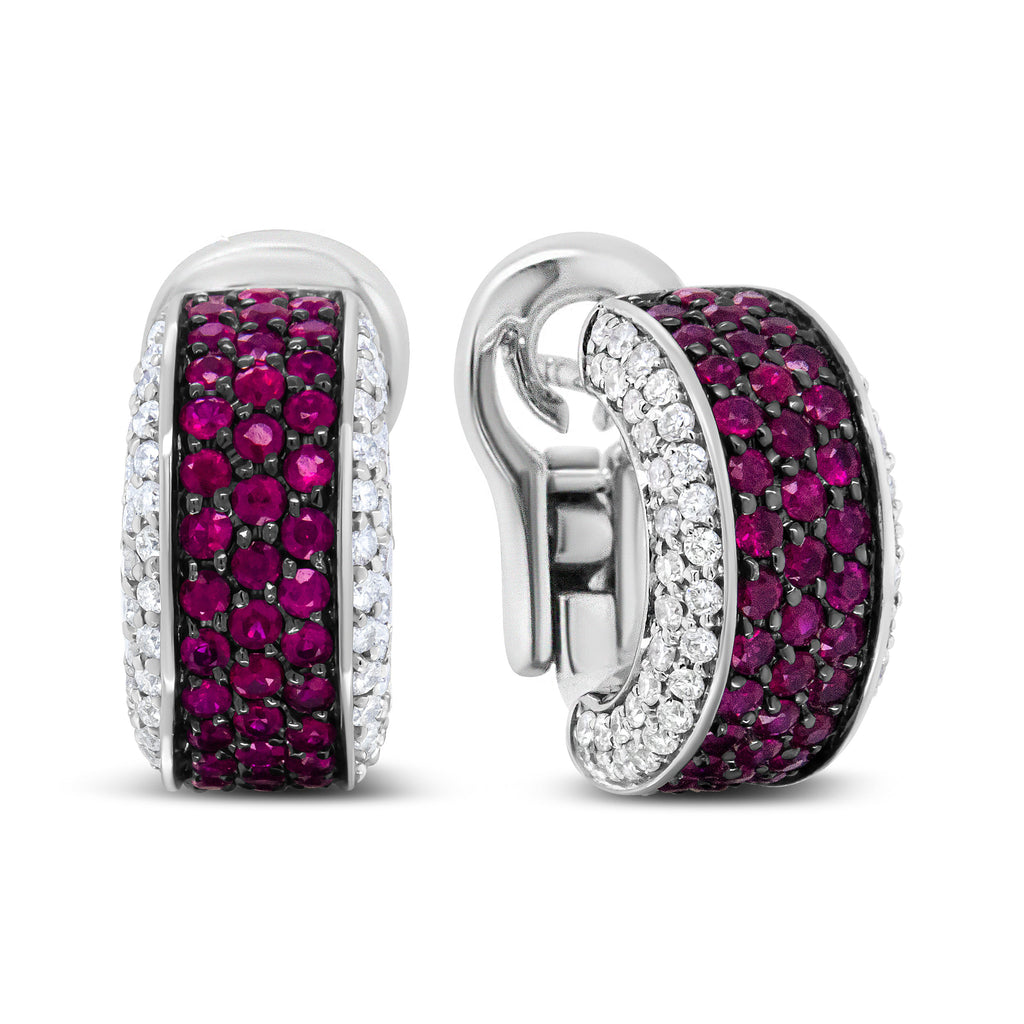 18K White Gold and Black Rhodium Plated 3/4 Cttw Round Diamonds and 1mm Round Red Ruby Huggie Hoop Earrings (F-G Color, VS1-VS2 Clarity)