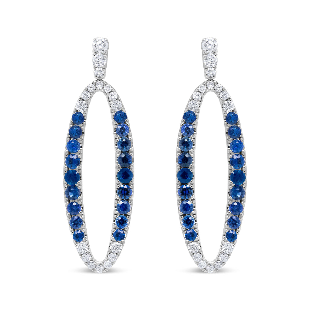 18K White Gold 1.11 Cttw Blue Round Diamond and Blue Sapphire Openwork Oval Shaped Dangle Earrings (F-G Color, VS1-VS2 Clarity)