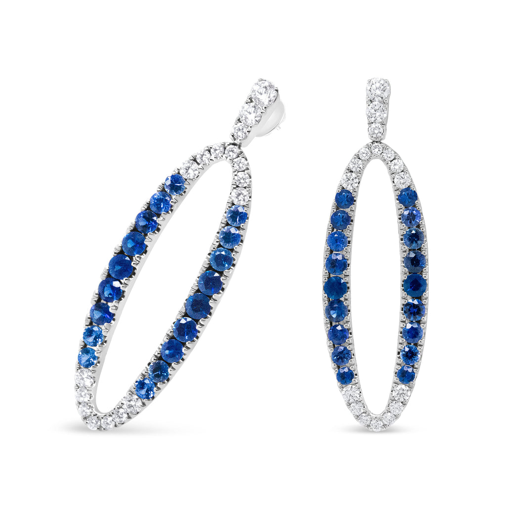 18K White Gold 1.11 Cttw Blue Round Diamond and Blue Sapphire Openwork Oval Shaped Dangle Earrings (F-G Color, VS1-VS2 Clarity)