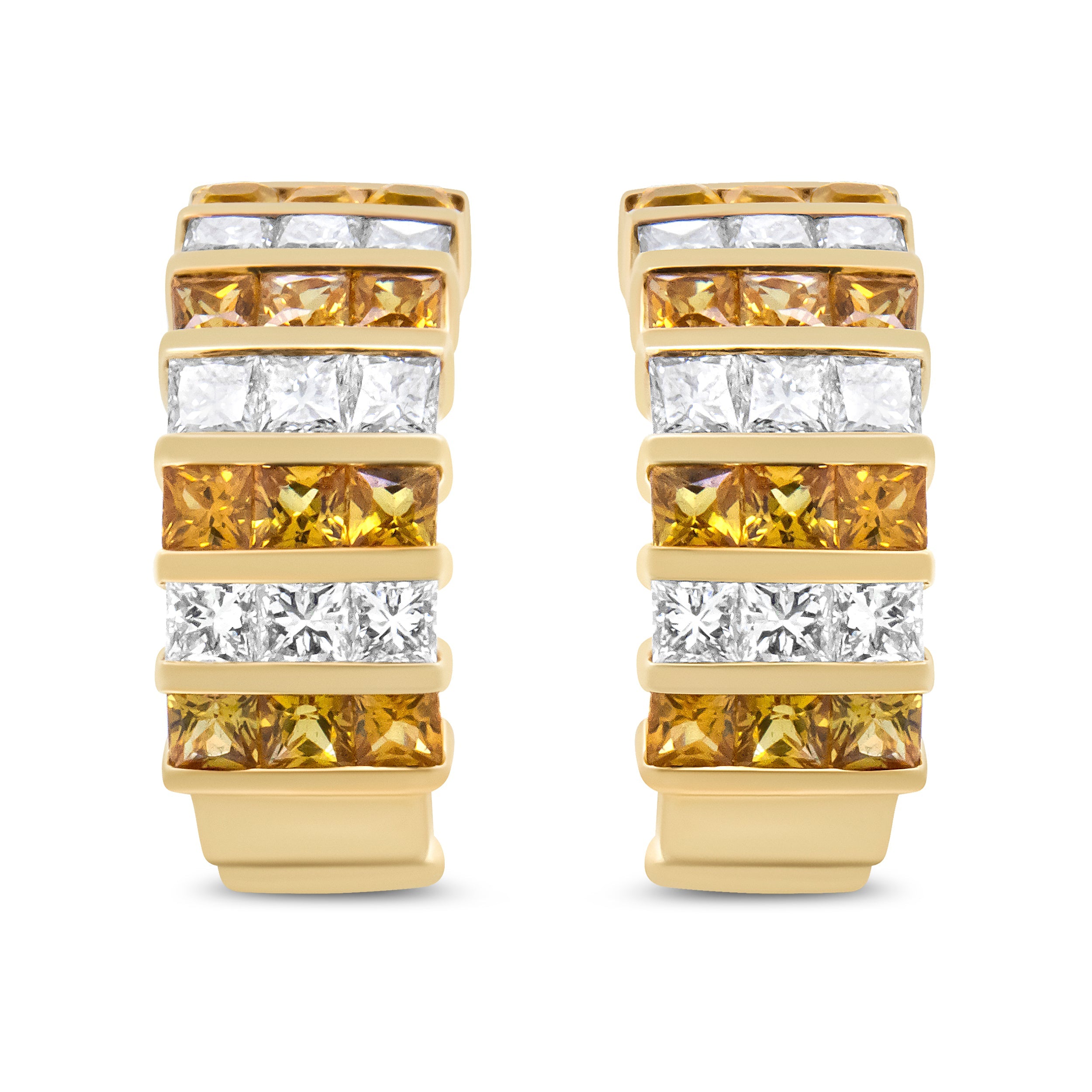 18K Yellow Gold 1 3/4 Cttw Invisible Set Princess Cut Diamond and 2.5mm Yellow Sapphire Huggie Hoop Earrings (F-G Color, VS1-VS2 Clarity)