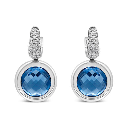 18K White Gold Bezel Set 11mm Blue Topaz and 1/2 Cttw Invisible Set Diamond Bale Dangle Earrings (F-G Color, VS1-VS2 Clarity)
