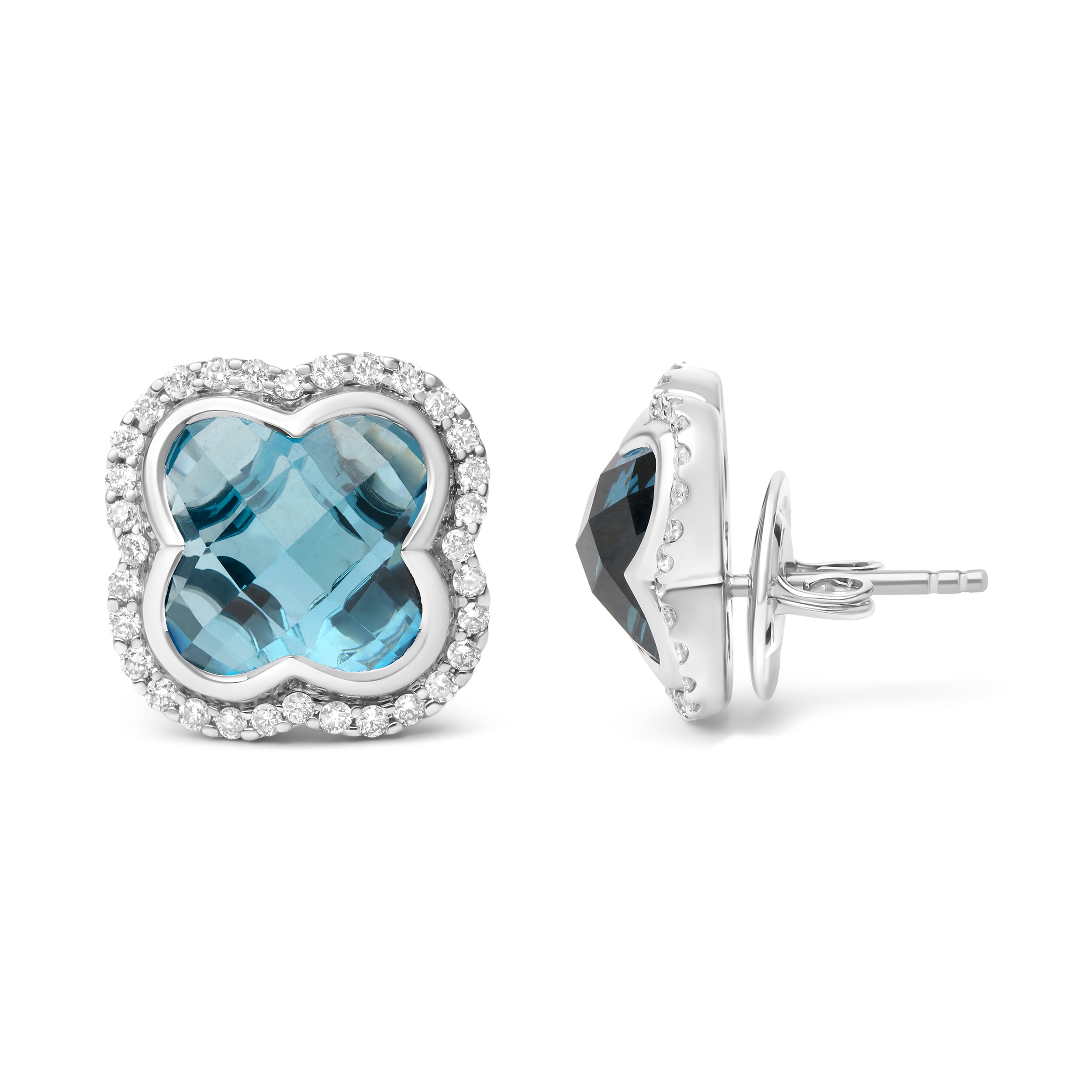 18K White Gold 3/8 Cttw Diamond and 11x11mm Clover-Cut London Blue Topaz Gemstone Halo Clover Stud Earrings (G-H Color, SI1-SI2 Clarity)