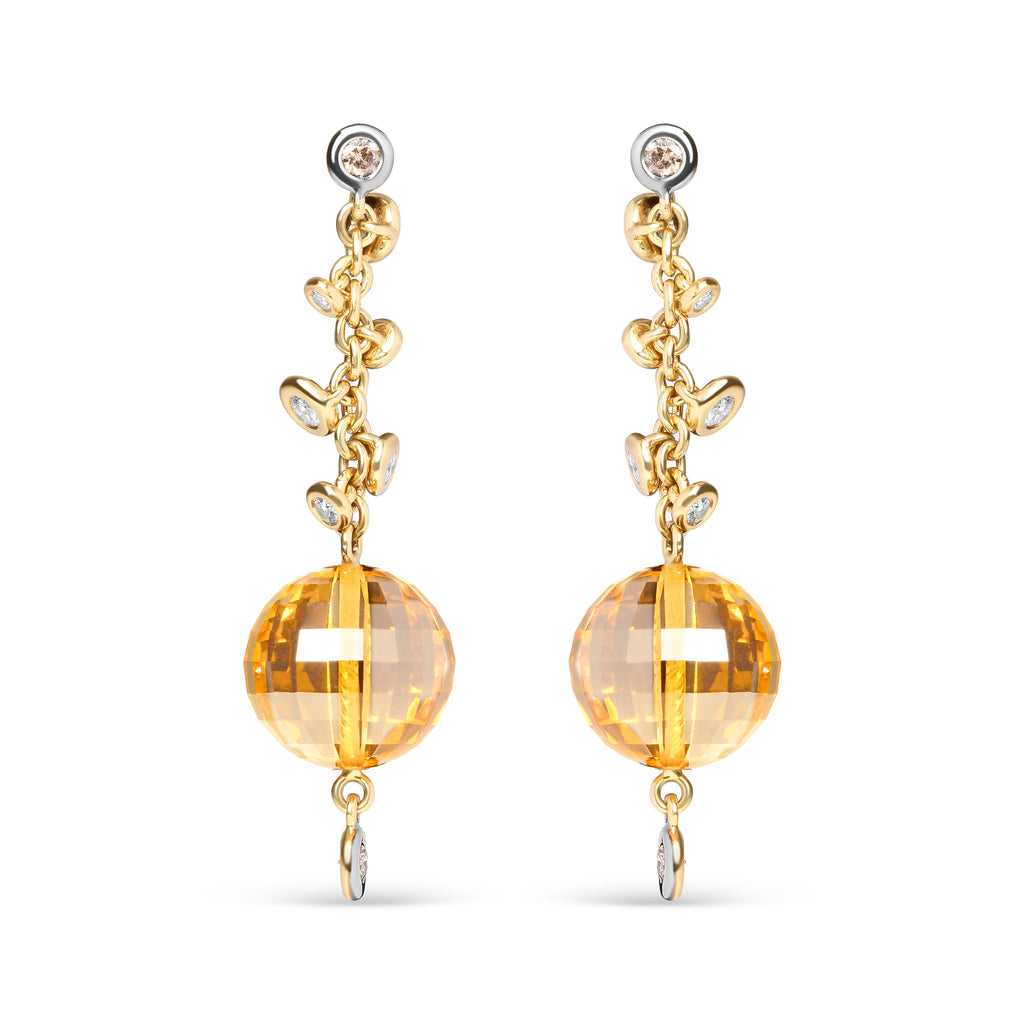 18K Yellow Gold 2/3 Cttw Round Bezel Diamond and 25mm Ball Shaped Yellow Citrine Gemstone Dangle Stud Earring (Brown and G-H Color, SI1-SI2 Clarity)