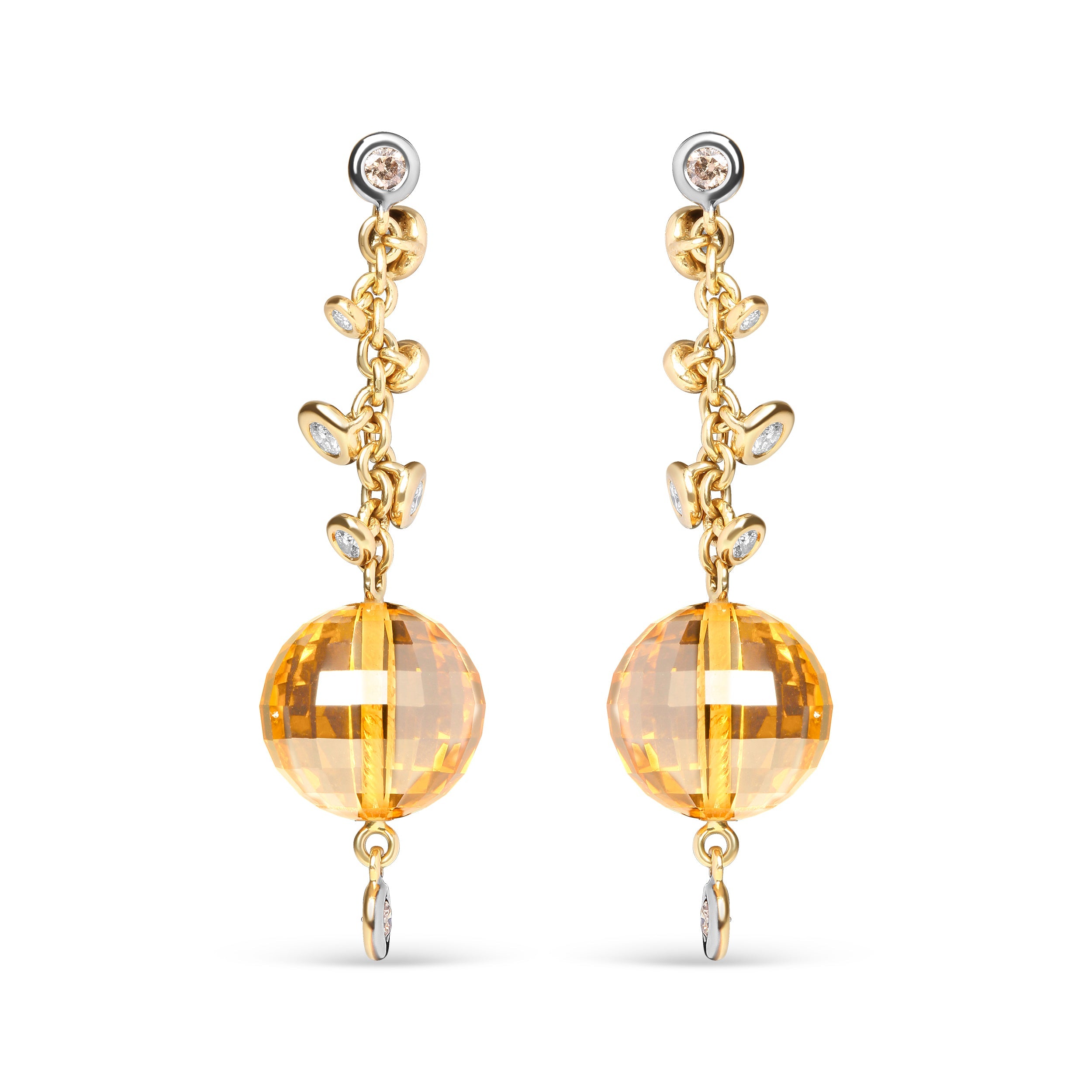 18K Yellow Gold 2/3 Cttw Round Bezel Diamond and 25mm Ball Shaped Yellow Citrine Gemstone Dangle Stud Earring (Brown and G-H Color, SI1-SI2 Clarity)