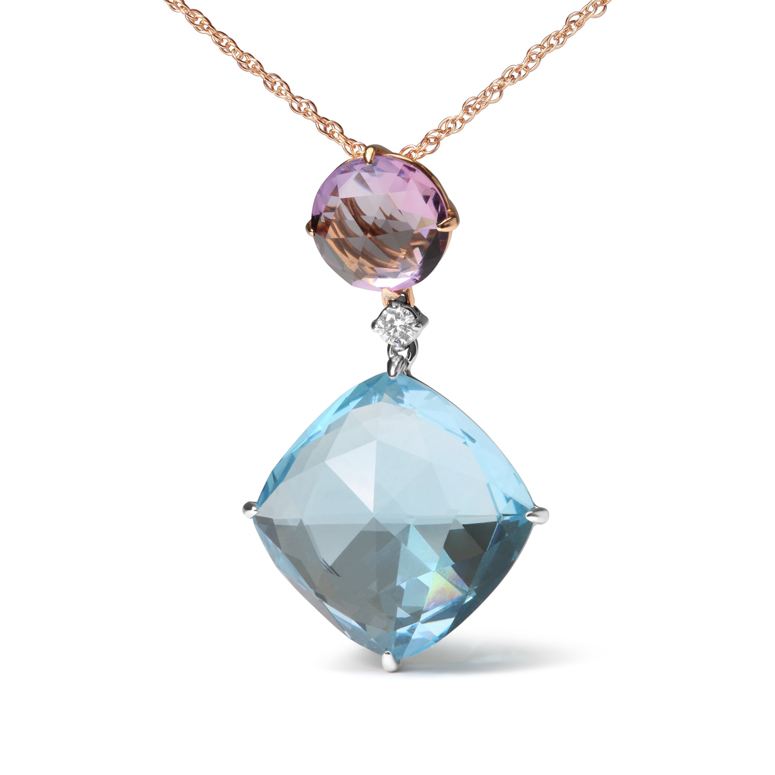 18K White and Rose Gold Round Diamond Accent and Round Rose De France Pink Amethyst and Cushion Cut Sky Blue Topaz Dangle Drop 18" Pendant Necklace (G-H Color, SI1-SI2 Clarity)