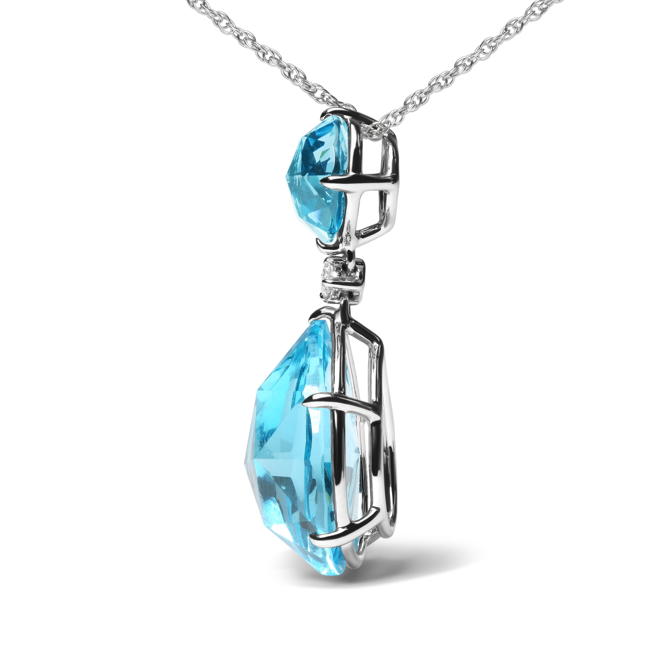 18K White Gold Diamond Accent and Round London Blue Topaz and Pear Cut Sky Blue Topaz Dangle Drop 18" Pendant Necklace (G-H Color, SI1-SI2 Clarity)