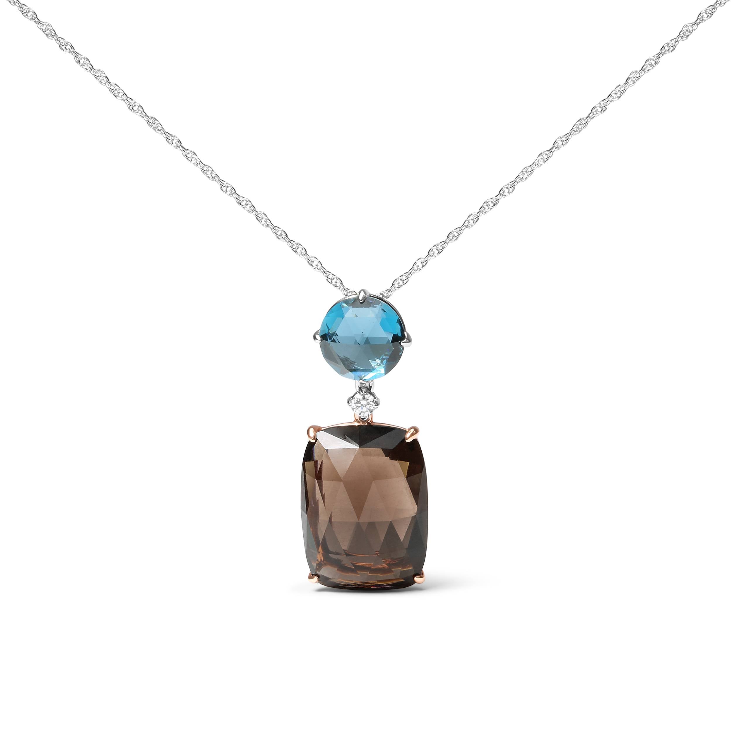 18K Rose and White Gold Diamond Accent and London Blue Topaz and Cushion Cut Smoky Quartz Gemstone Dangle Drop 18" Pendant Necklace (G-H Color, SI1-SI2 Clarity)