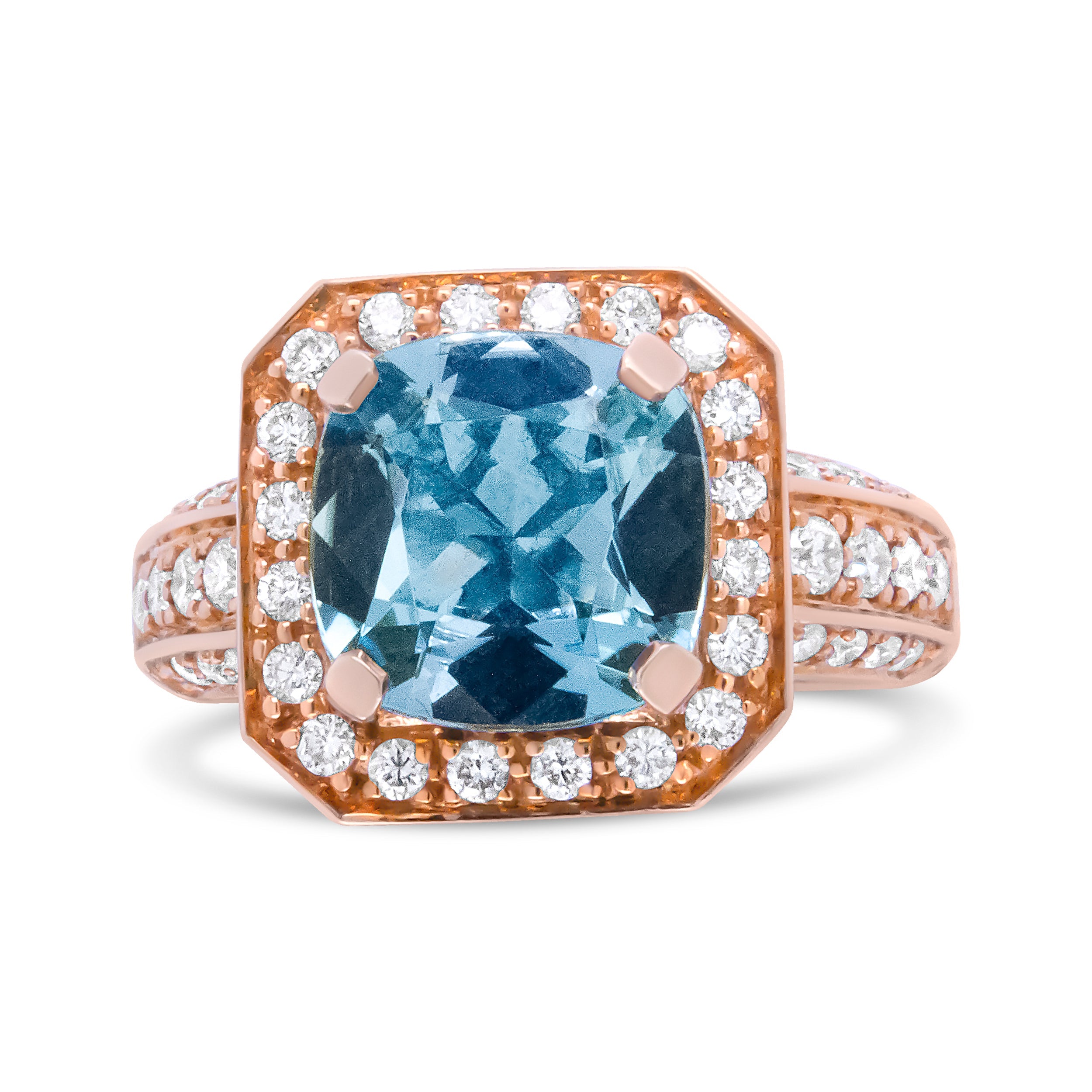 18K Rose Gold 10x10mm Cushion Shaped Aquamarine and 1 1/8 Cttw Round Diamond Halo Ring (F-G Color, VS1-VS2 Clarity) - Ring Size 6.5