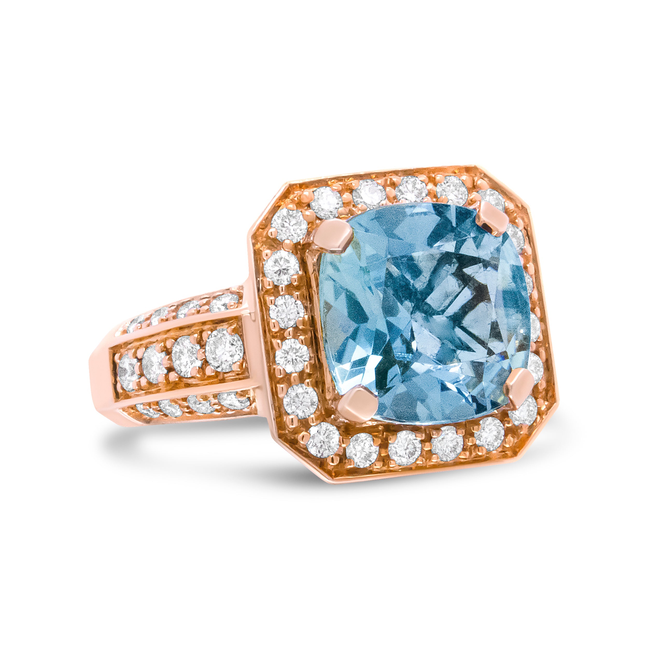 18K Rose Gold 10x10mm Cushion Shaped Aquamarine and 1 1/8 Cttw Round Diamond Halo Ring (F-G Color, VS1-VS2 Clarity) - Ring Size 6.5