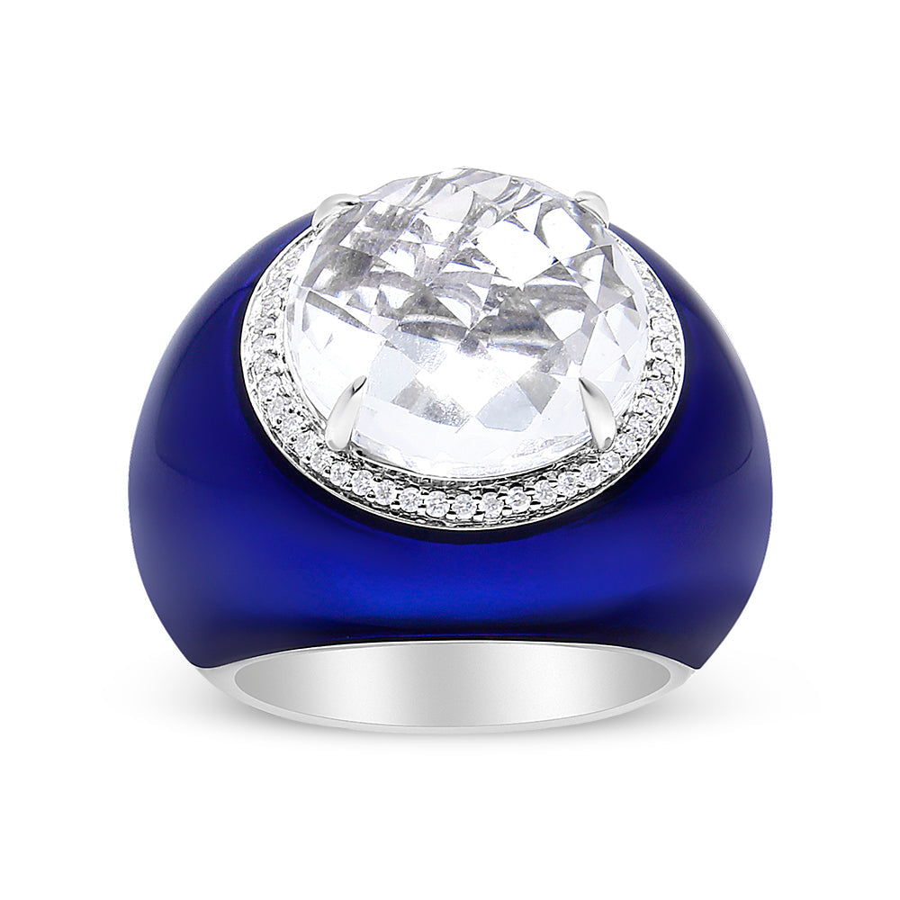 18K White Gold 14mm White Quartz and 1/5 Cttw Diamond Halo with Blue Enamel Dome Ring (F-G Color, VS1-VS2 Clarity) - Ring Size 7