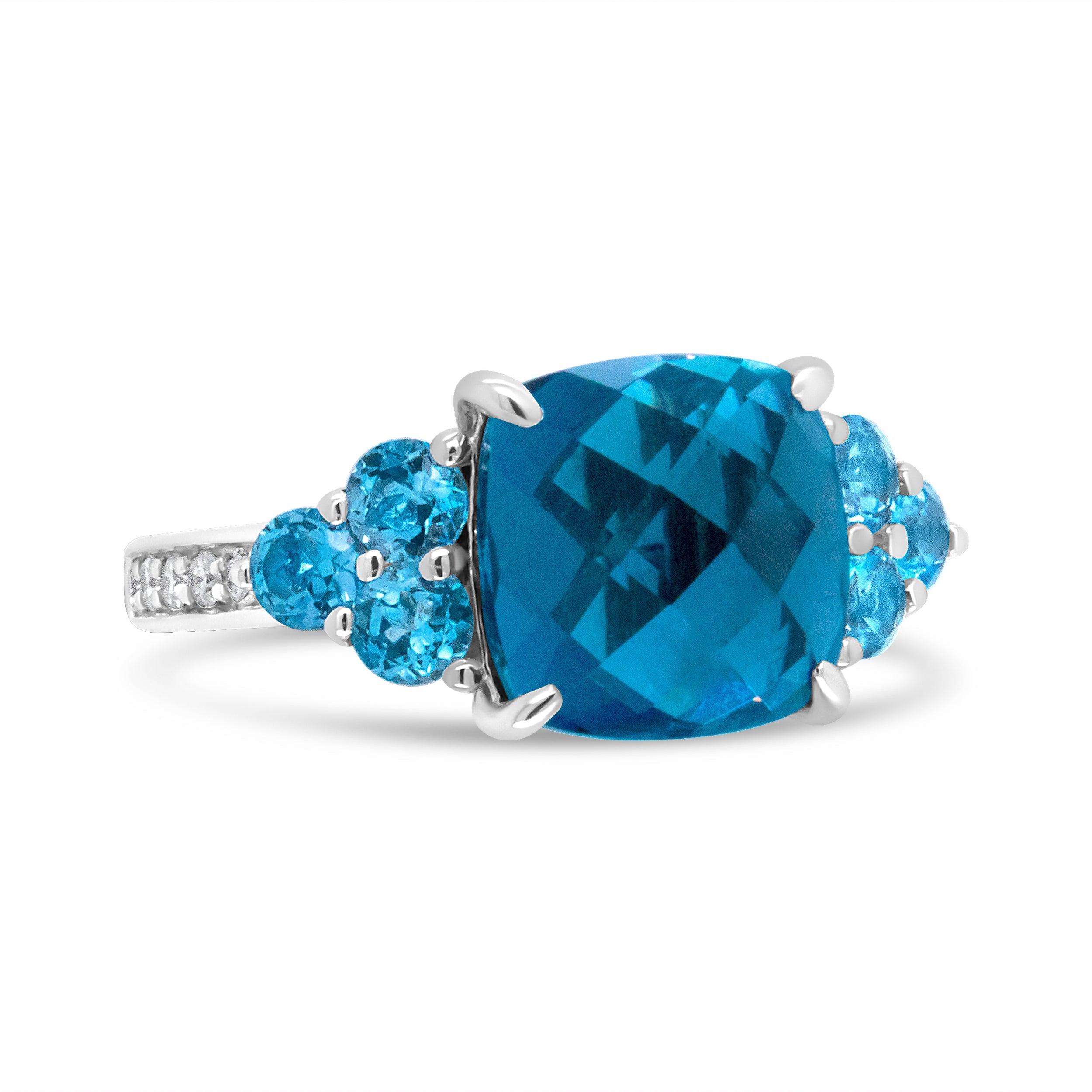 18K White Gold 10mm Cushion Shaped Blue Topaz and 1/6 Cttw Diamond 3 Stone Style Ring (F-G Color, VS1-VS2 Clarity) - Ring Size 6.5